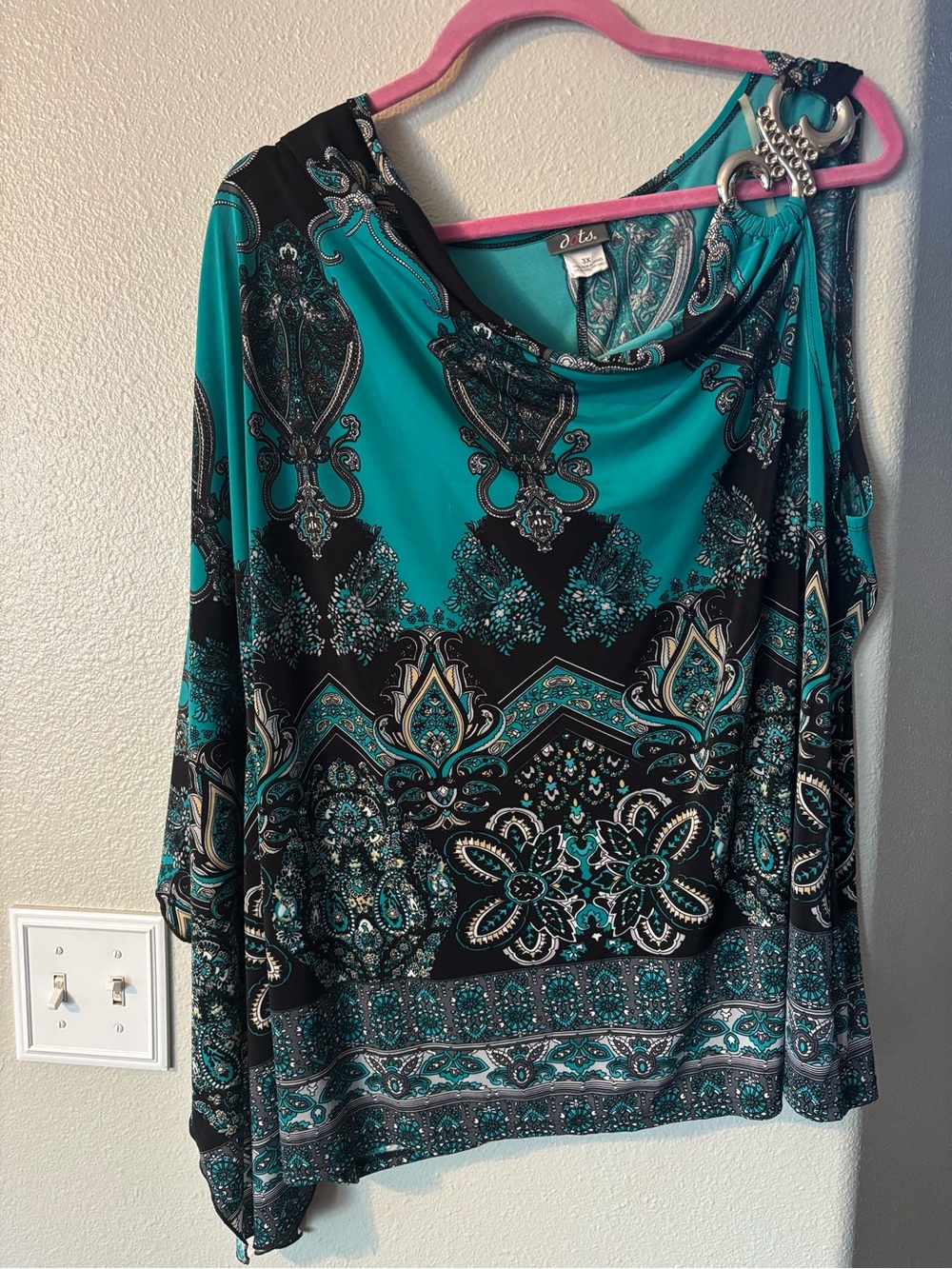 Dots Teal Paisley One Shoulder Top Silver Ring Detail Plus Size 3X
